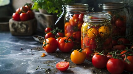 Pickled tomatoes. selective focus. Generative AI,