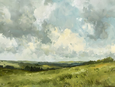 oil painting of an English countryside view with a cloudy sky and muted green colour tone Oil color painting. Generative AI.