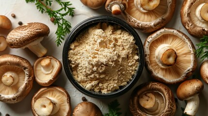 Mushroom powder surrounded by fresh mushrooms and herbs