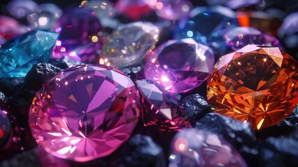 Sparkling multicolored gems placed on a dark textured surface creating a vibrant and luxurious display