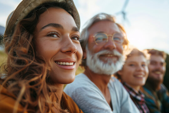 a diverse group of people of different ages enjoying a bright, sunny day outdoors with wind turbines and solar panels in the background, symbolizing a clean and renewable energy community