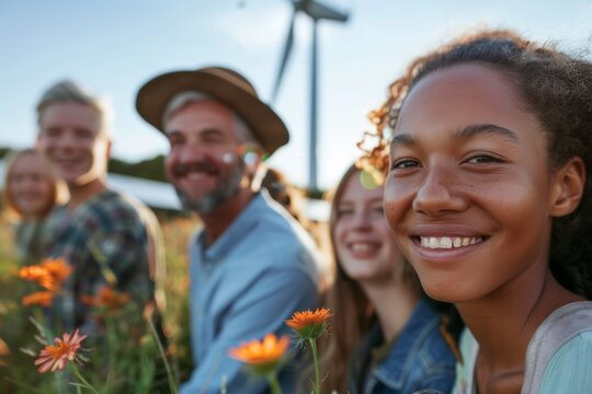 a diverse group of people of different ages enjoying a bright, sunny day outdoors with wind turbines and solar panels in the background, symbolizing a clean and renewable energy community