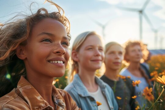 a diverse group of people of different ages enjoying a bright, sunny day outdoors with wind turbines and solar panels in the background, symbolizing a clean and renewable energy community