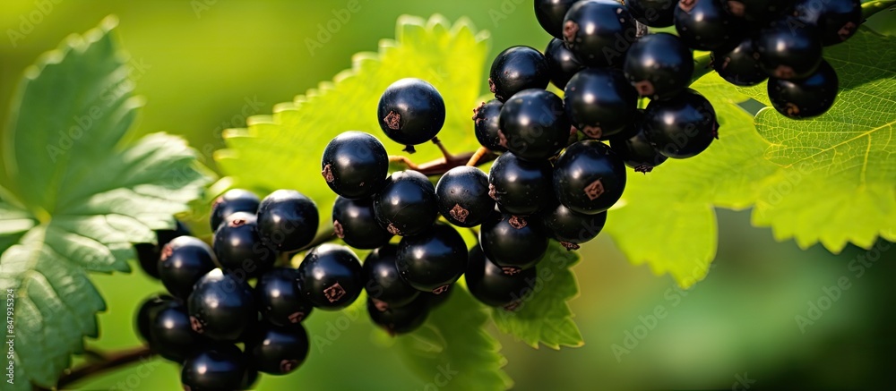 Poster macro twigs with black currant berries. creative banner. copyspace image