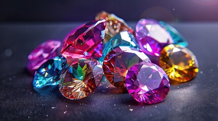Sparkling multicolored gems placed on a dark textured surface creating a vibrant and luxurious display