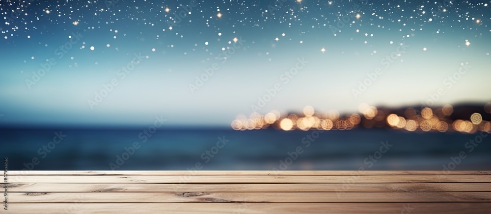 Aufkleber top of wood table with seascape and palm tree blur bokeh light of calm sea and sky at tropical beach