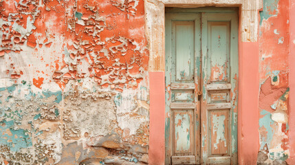 Vintage front door and a weathered wall with peeled paint.
