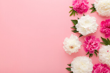 Fresh beautiful soft white pink peony flowers with green leaves on light pink table background. Pastel color. Closeup. Empty place for inspirational text, lovely quote or sayings. Top down view.