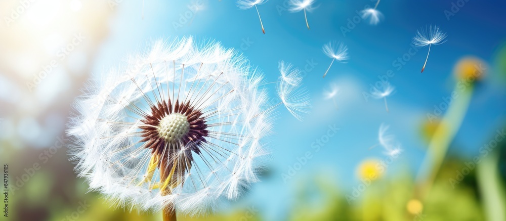 Poster bee collects pollen from a dandelion bright vivid colors close up view. creative banner. copyspace i
