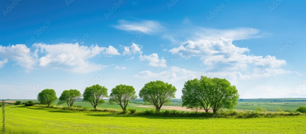 Poster green trees standing in the middle of the field. creative banner. copyspace image