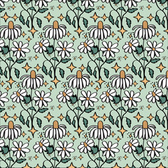 Daisy flowers in a Victorian-style seamless pattern.