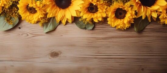 Obraz premium Rustic style Floral background with sunflowers border. Creative banner. Copyspace image