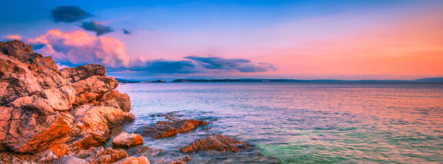 summer croatian view, scenic rocky coast, Rijeka resort, Kostrena beach, Istria, Croatia, Europe	