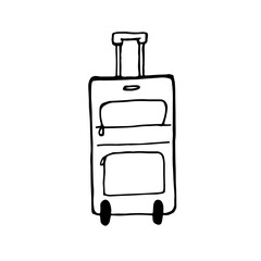 Vector isolated illustration of travel baggage. Drawn suitcase on wheels with handle. Black and white doodle illustration of travel item.