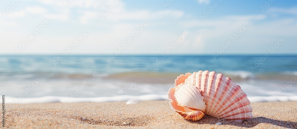 Wall mural seashell on the summer beach in sea water summer background summer time. creative banner. copyspace  - Wall murals