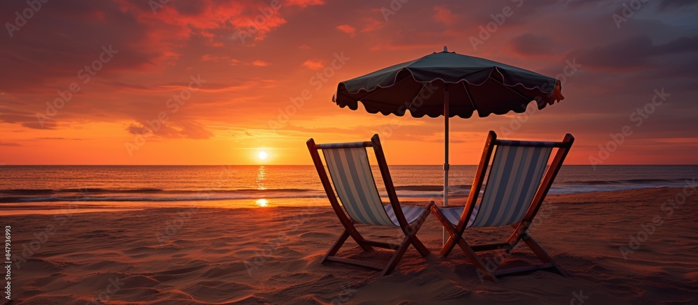 Poster two beach chairs with folding umbrella on the beach in sunset time. creative banner. copyspace image
