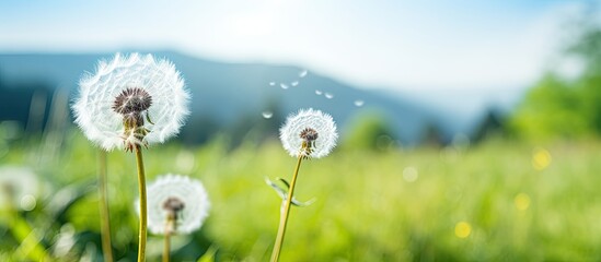 Obraz premium Dandelion plant in focus near nature. Creative banner. Copyspace image