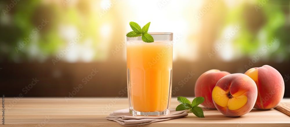 Aufkleber fresh peach juice with mint on the wooden table selective focus. creative banner. copyspace image