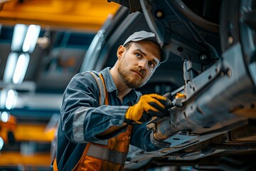 Handsome mechanic repairs the bottom of the car, car service
