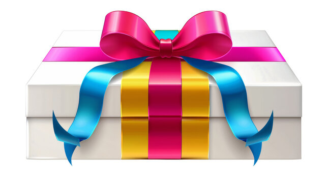 A white gift box with a pink and blue ribbon. The box is tied with a bow and the ribbon is wrapped around the box. The background is black.