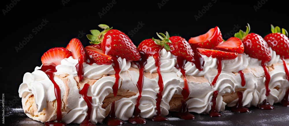 Poster homemade meringue roll garnished with strawberry slices. creative banner. copyspace image
