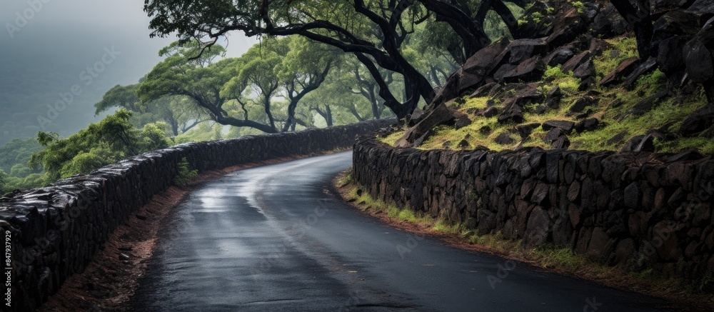 Sticker asphalt road going toward raigad fort maharashtra with shallow depth of field. Creative banner. Copyspace image