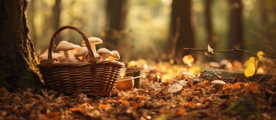 Wicker baskets full of edible mushrooms lying on ground in autumn forest. Creative banner. Copyspace image