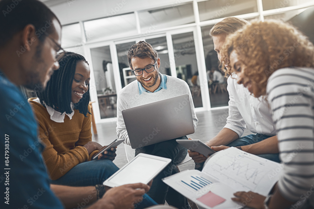 Poster Group of people, tablet screen and diversity in meeting for data analysis as web developer with mockup space. Team, tech and digital agency in research, growth or career in brand design for company