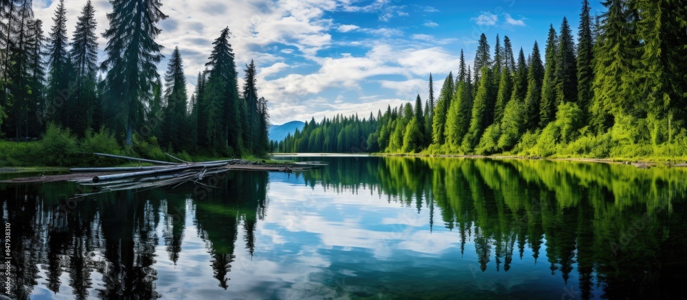Aufkleber clouds and forest are reflected in the water mirror. creative banner. copyspace image
