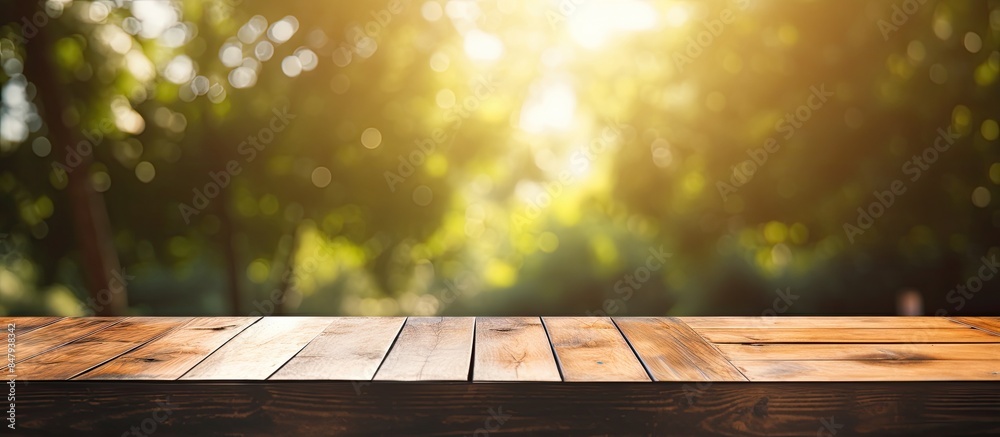 Poster empty top of wooden table with abstract of bokeh and natural light of the summer season vintage styl