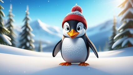 Portrait of a funny penguin in a red hat against the background of mountains