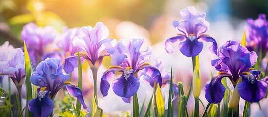 Bright beautiful flowers irises in the garden closeup. Creative banner. Copyspace image © HN Works