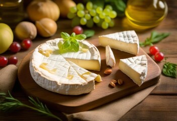 A close-up of a cheese platter with different types of cheese and crackers on a wooden table