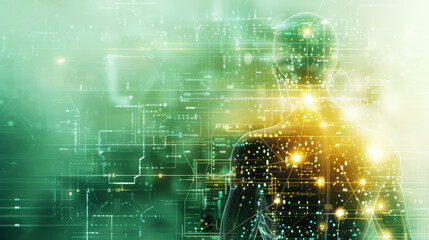 Naklejka premium Futuristic Human Figure in Digital Network. Concept of Technology and Human Integration.
