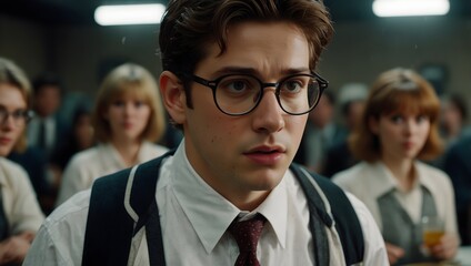 Obraz premium A scene where a clumsy protagonist accidentally breaks their glasses right before a crucial event ai-generated