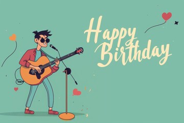 happy birthday card with a guy musician playing guitar flat illustration on turqouise color background