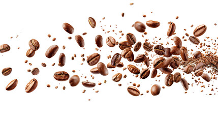 A stream of roasted coffee beans flying through the air.  Perfect for packaging, advertising, or website backgrounds.
