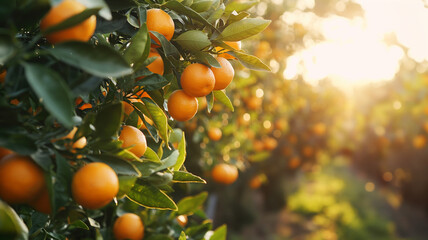 Sunlit Orange Orchard with Ripe Oranges