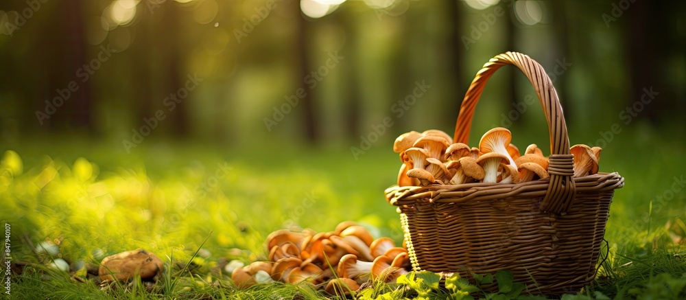 Poster chanterelle mushroom in a wicker wooden basket on a background of green grass. creative banner. copy