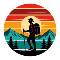 Vector t-shirt design. Black silhouette hiking vintage retro sunshine isolated on the background. Conceptual art, vibrant painting illustration.
