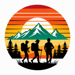 Vector t-shirt design. Black silhouette hiking vintage retro sunshine isolated on the background. Conceptual art, vibrant painting illustration.