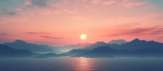 Sunset sky and sea mountains. Creative banner. Copyspace image