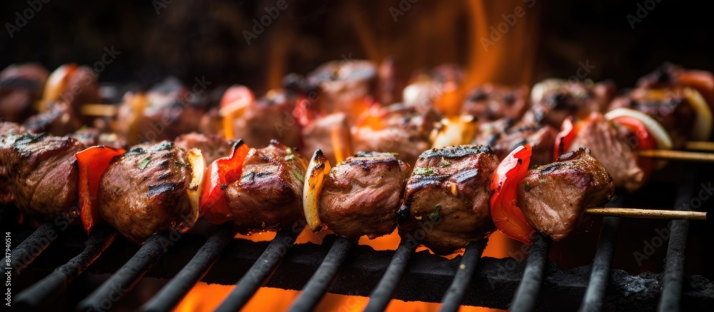 Poster cooking meat skewers on skewers on the grill. creative banner. copyspace image