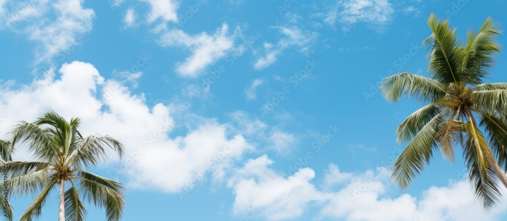 Aufkleber a grove of palm trees as seen from below against blue sky and white clouds. creative banner. copyspa