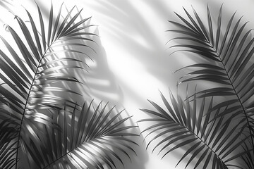 Foliage of tropical palm leaves on a white wall background. Minimal abstract light white background for product presentation