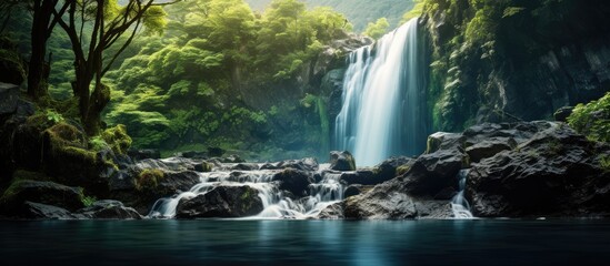 Beautiful waterfall from the nature. Creative banner. Copyspace image