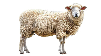 A single white sheep stands against a black background, looking directly at the camera.  The sheep has a fluffy coat and large, dark eyes.