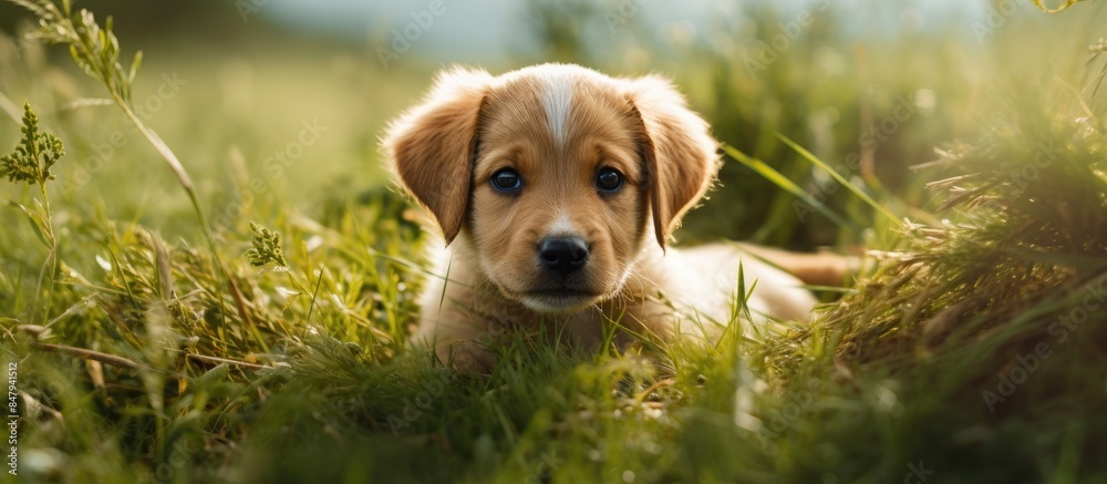 Poster portrait of a small puppy in the grass in nature. creative banner. copyspace image