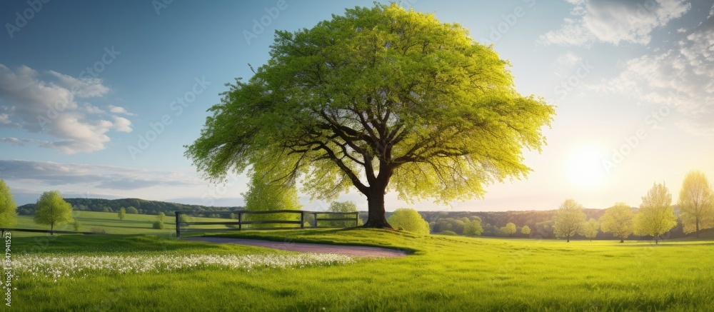 Wall mural under the green linden on a background of colorful meadows nice view in the park on a sunny spring d