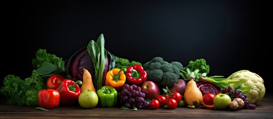 fresh fruits and vegetables black background. Creative banner. Copyspace image